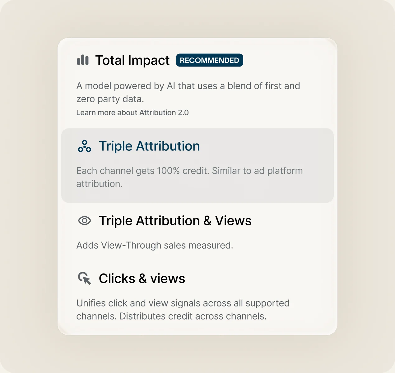 The Total Impact attribution model picker, with Triple Attribution selected