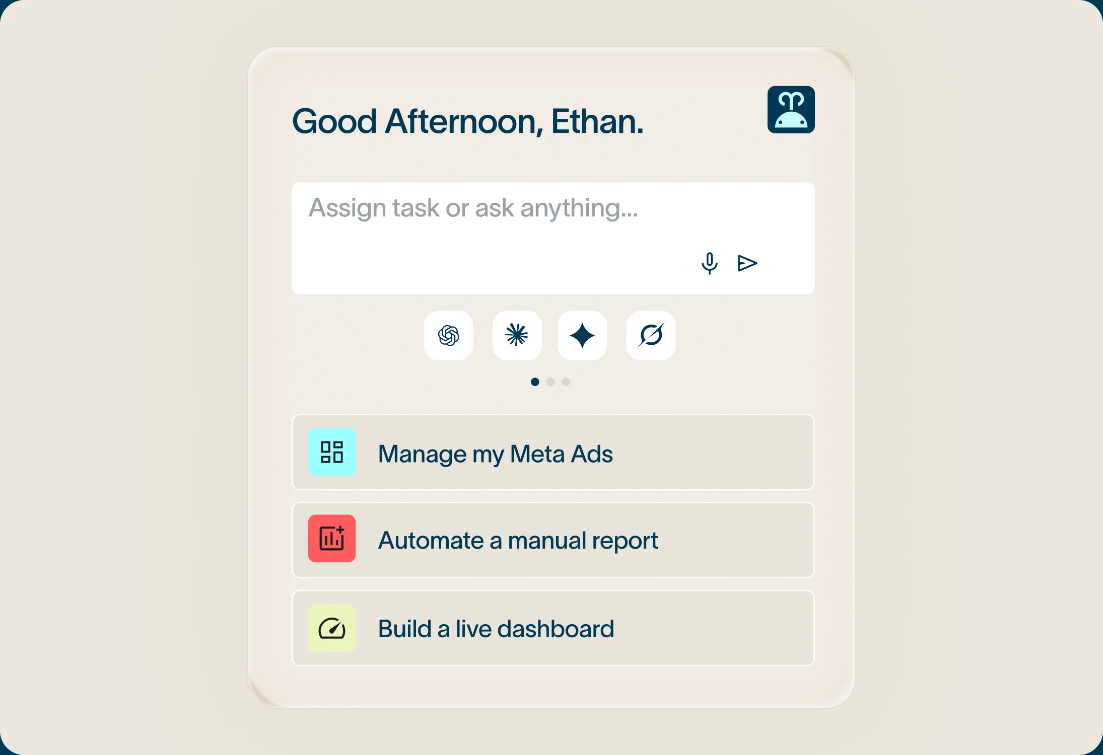 Moby's task panel: an ask-anything box above suggestions to manage Meta ads, automate a manual report or build a live dashboard