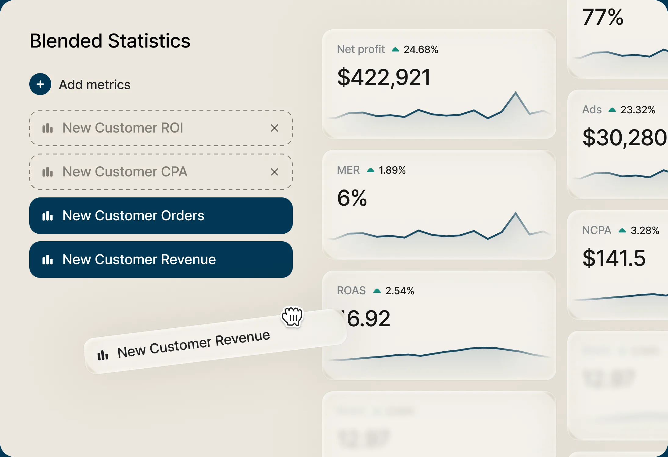 The Blended Statistics board, with metric tiles being dragged into a custom layout