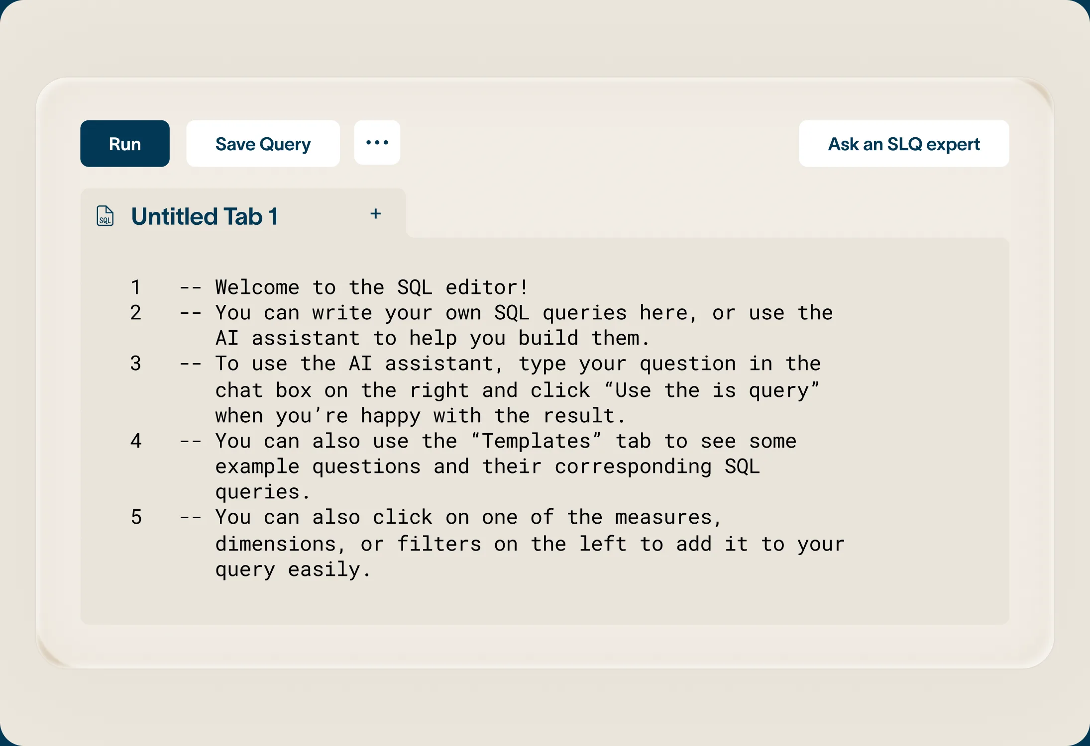 The SQL editor with a query tab open, Run and Save Query controls, and an Ask an SQL expert button