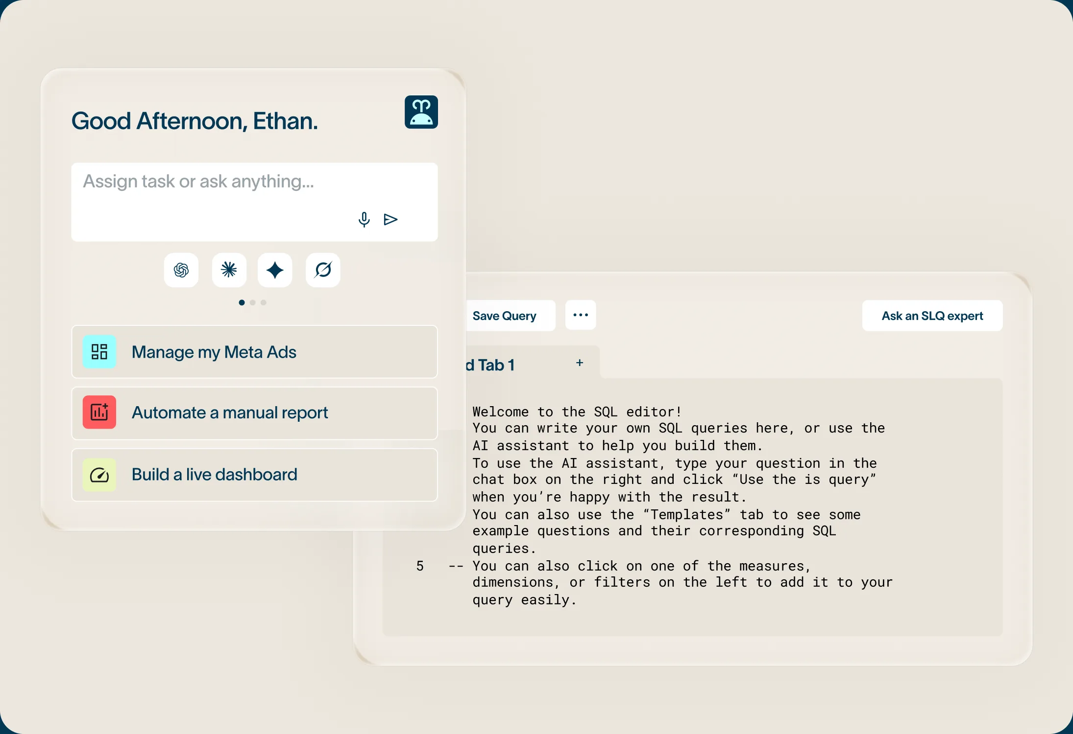 A Moby task panel beside the SQL editor, with suggestions to manage Meta ads, automate a report or build a live dashboard