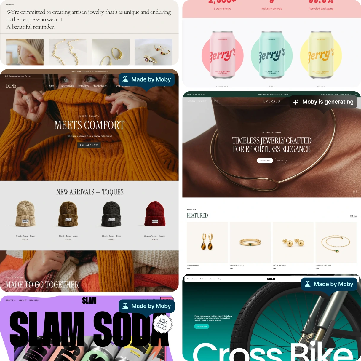 A grid of ad creative and landing pages generated by Moby