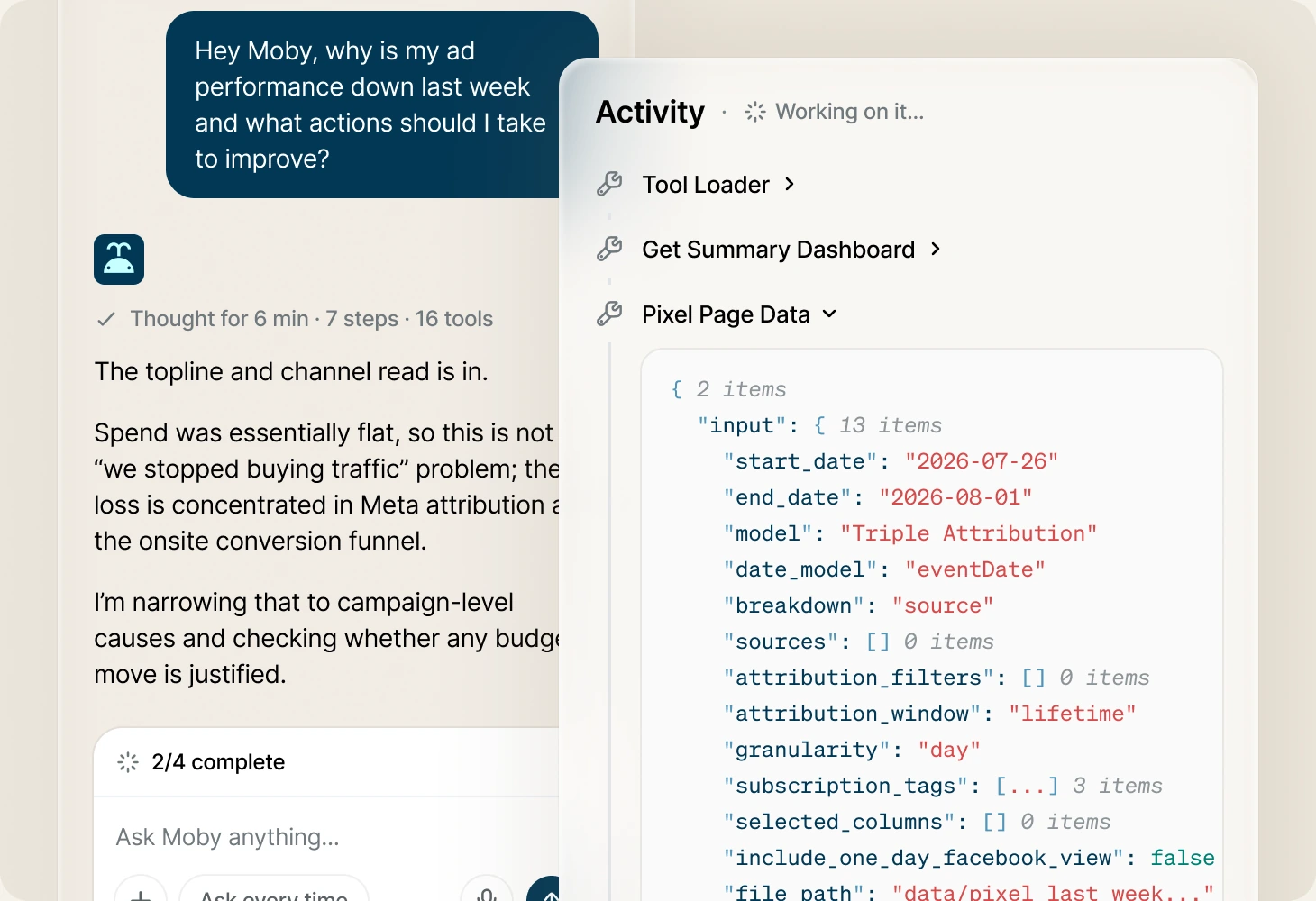 Moby working through why ad performance dropped, beside an activity panel showing the attribution data it queried