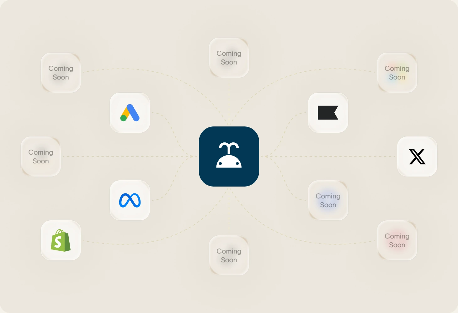 Moby at the centre of a network of connected ad platforms, including Google Ads, Meta, Shopify and X, with further integrations marked coming soon