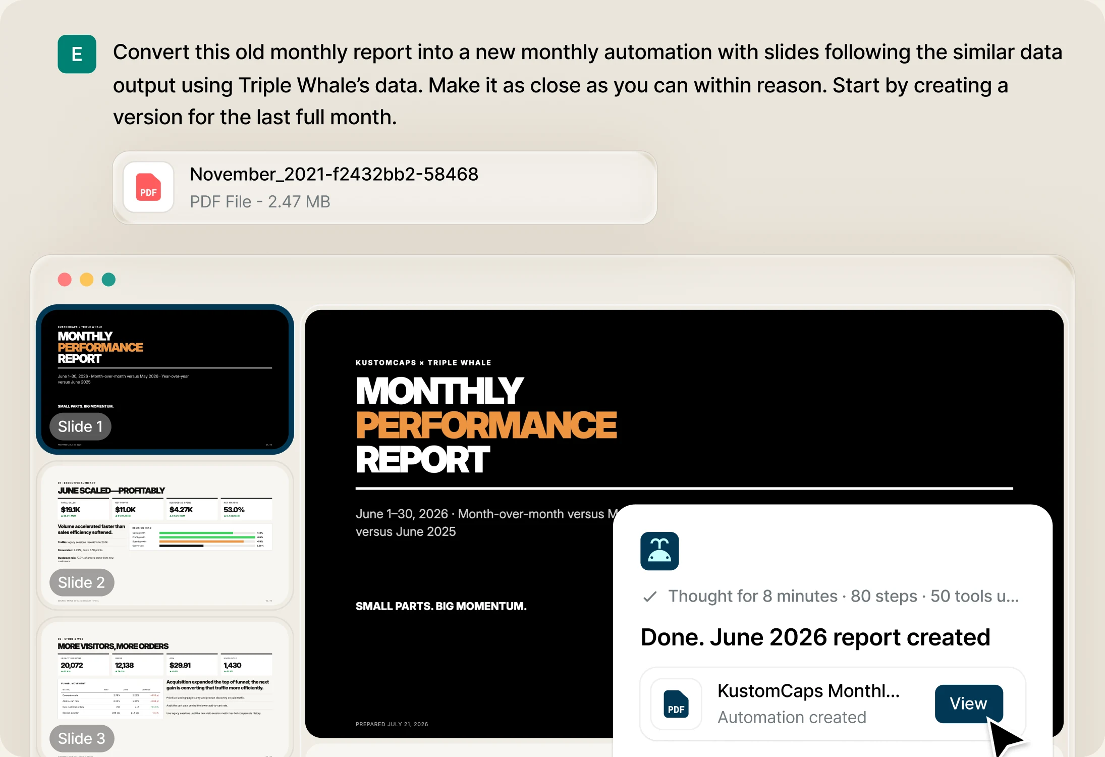 Moby turning an old monthly PDF report into a scheduled automation, with the rebuilt performance slides open beside it