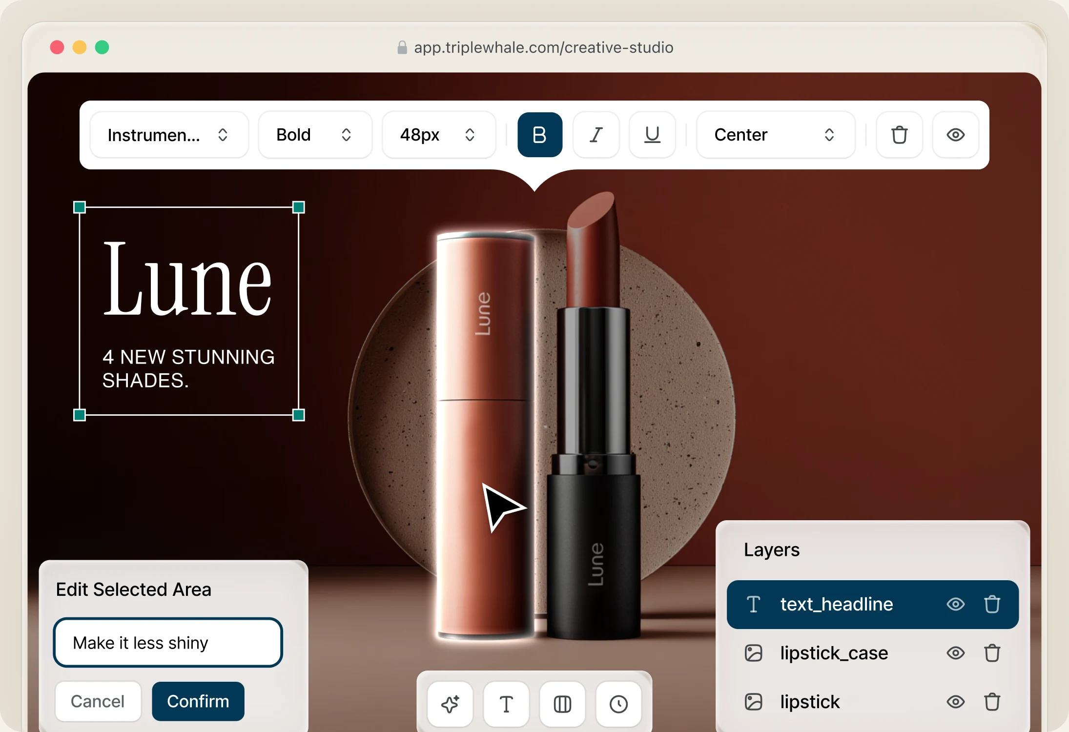A generated Lune ad open in Creative Studio, its headline selected with a type toolbar above it, a "Make it less shiny" prompt on the artwork and a layers panel beside it