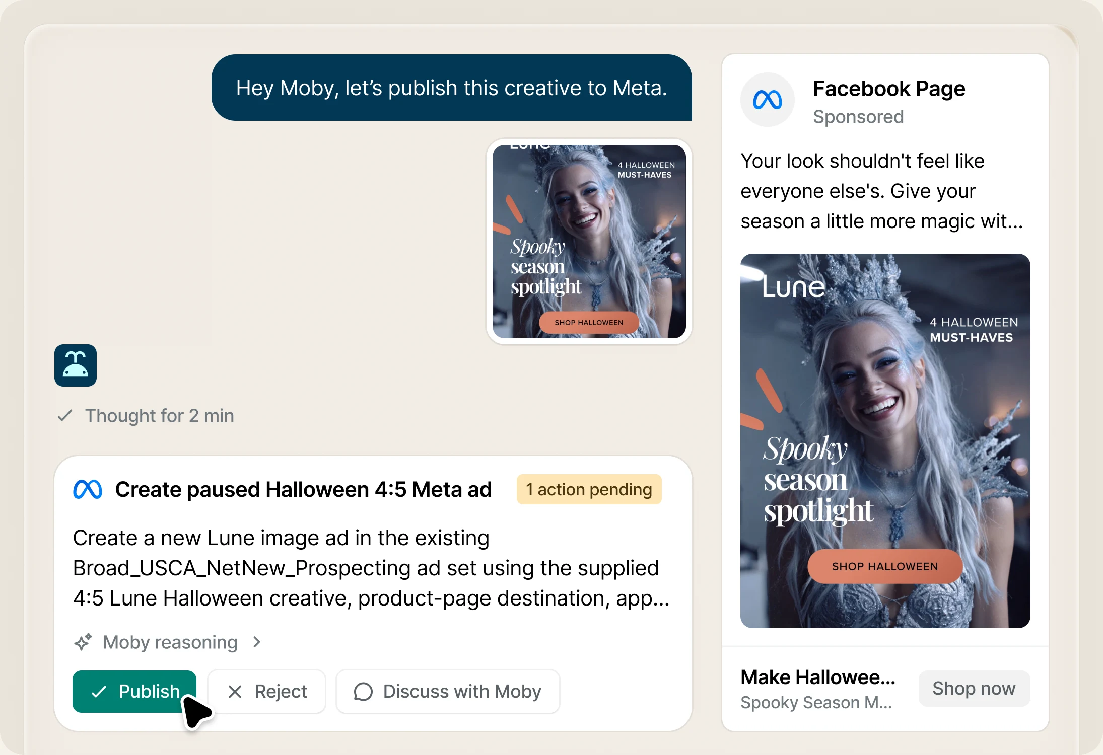 A finished Lune Halloween creative being pushed to Meta: Moby queues a paused 4:5 ad for approval, with the Facebook placement previewed beside it