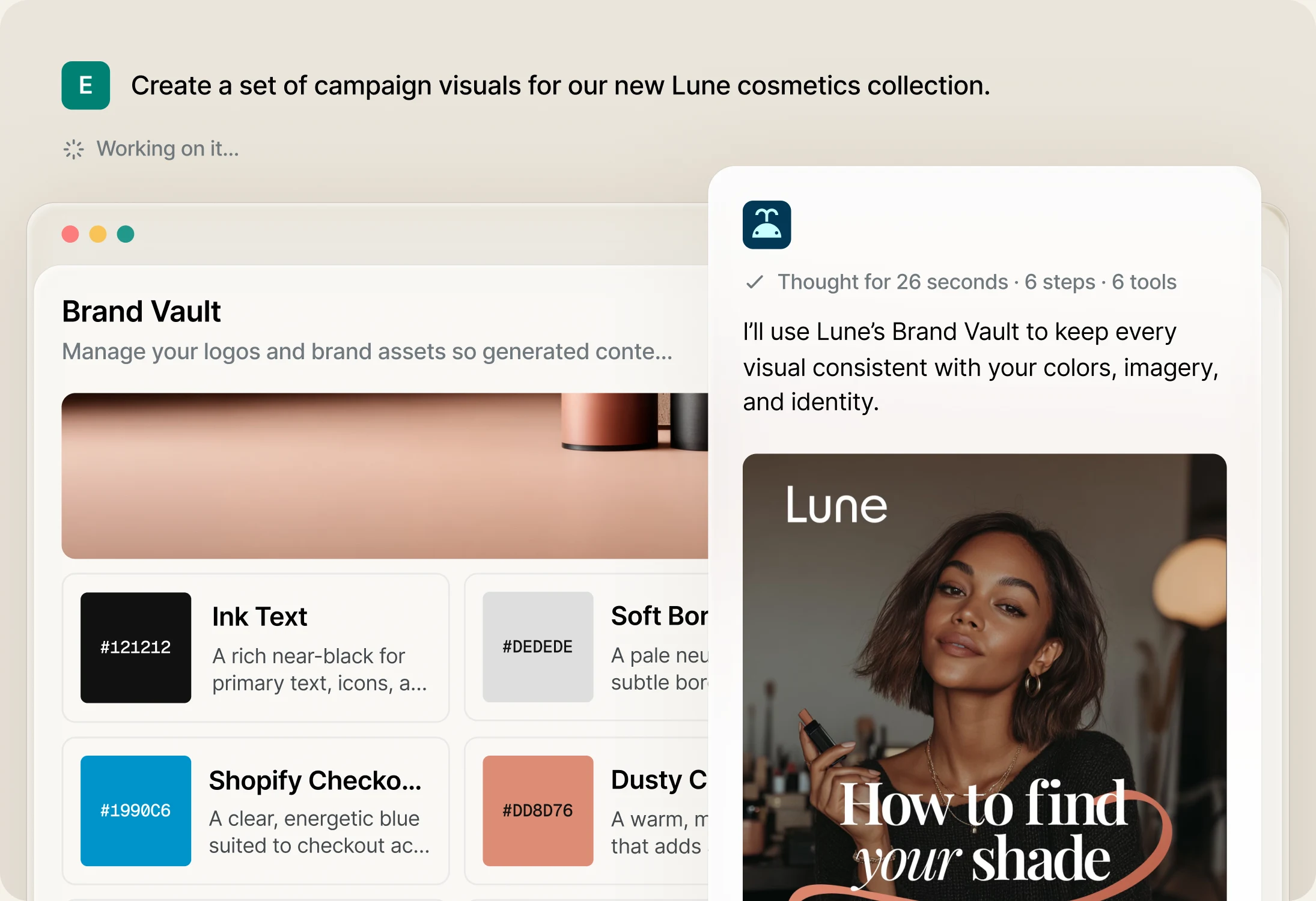 Moby reading the Lune Brand Vault -- palette swatches with hex values and names -- while generating a campaign visual in the brand's style