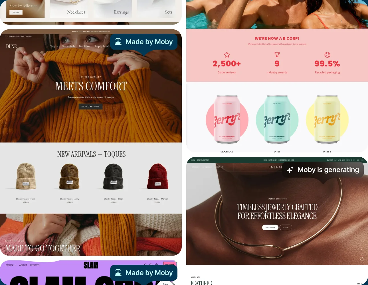 Six landing pages generated by Moby, each badged "Made by Moby", with one still generating