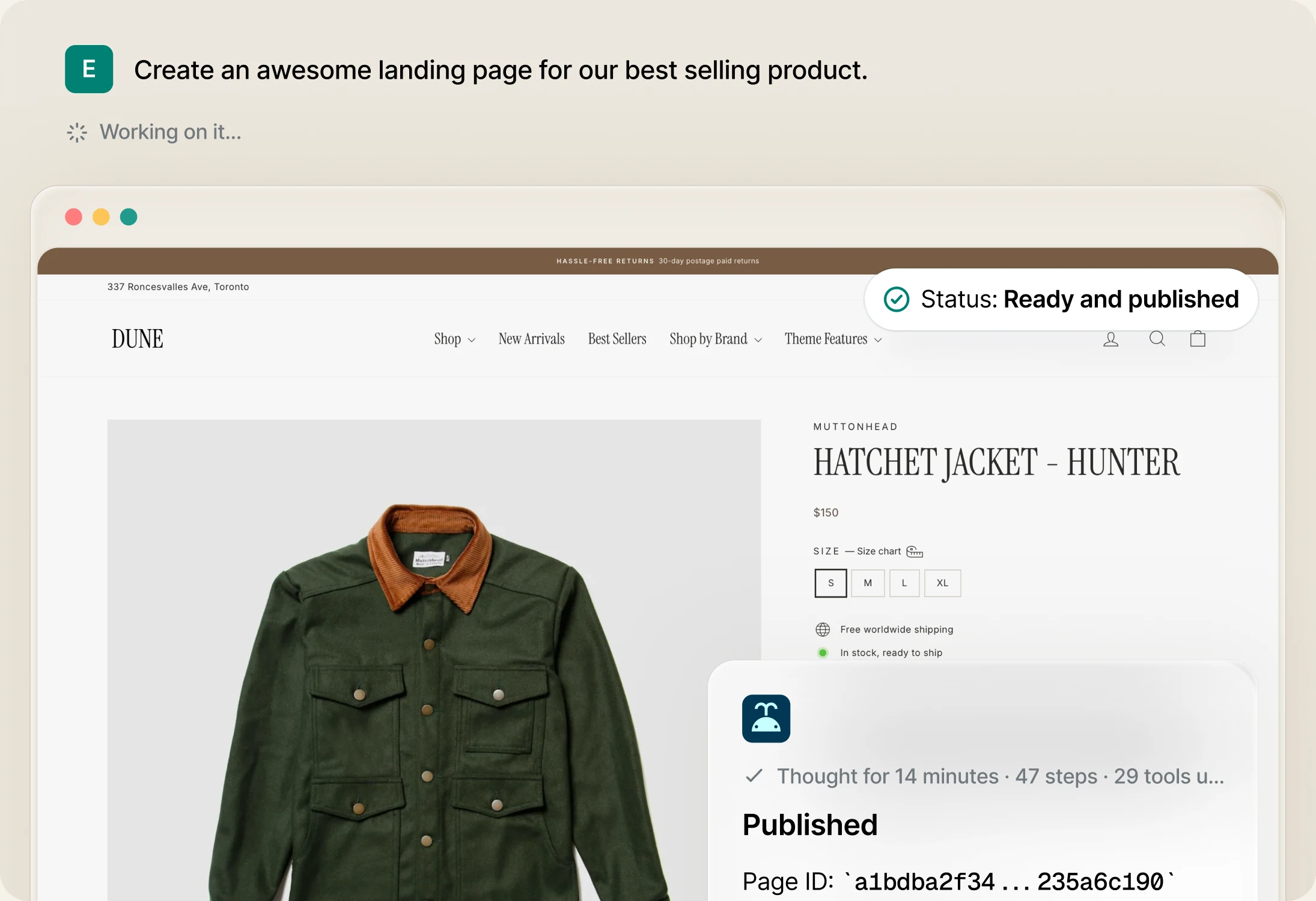 Moby publishing a product landing page from a one-line brief, reporting the page ID and that 24 of 24 source QA checks passed