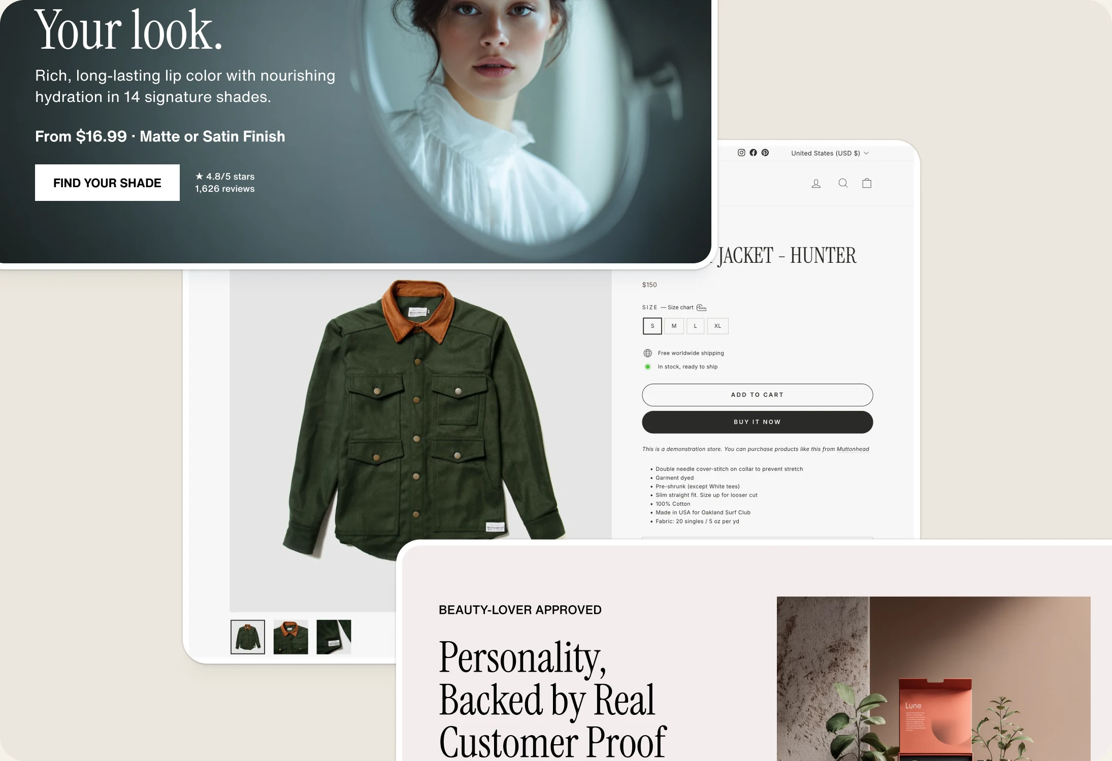 Three published pages overlapping: a lip-colour hero with review count, a product page with an Add to cart buy box, and a customer-proof section with rating, review and recommend figures